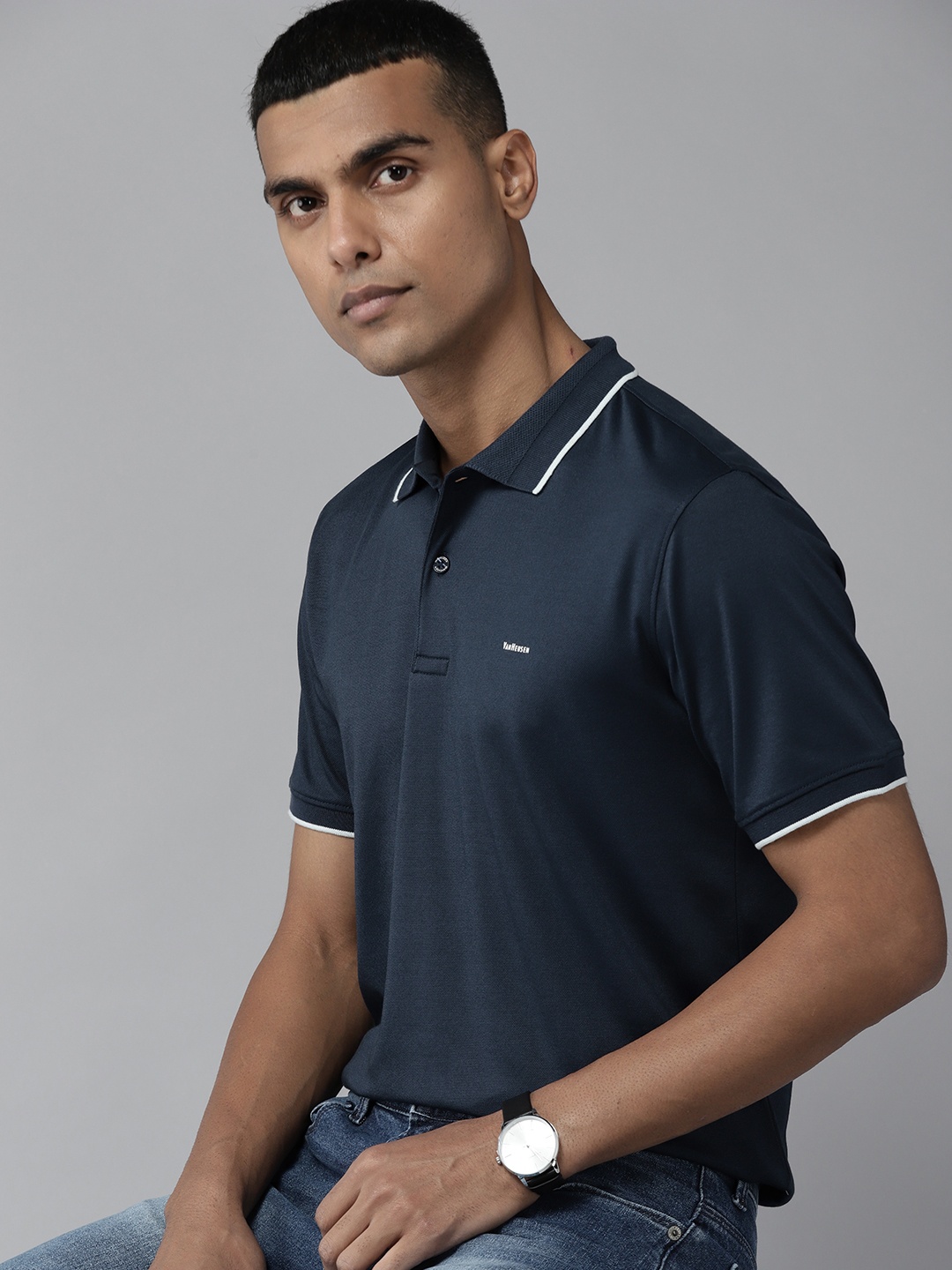 

Van Heusen Men Navy Blue Polo Collar Slim Fit T-shirt