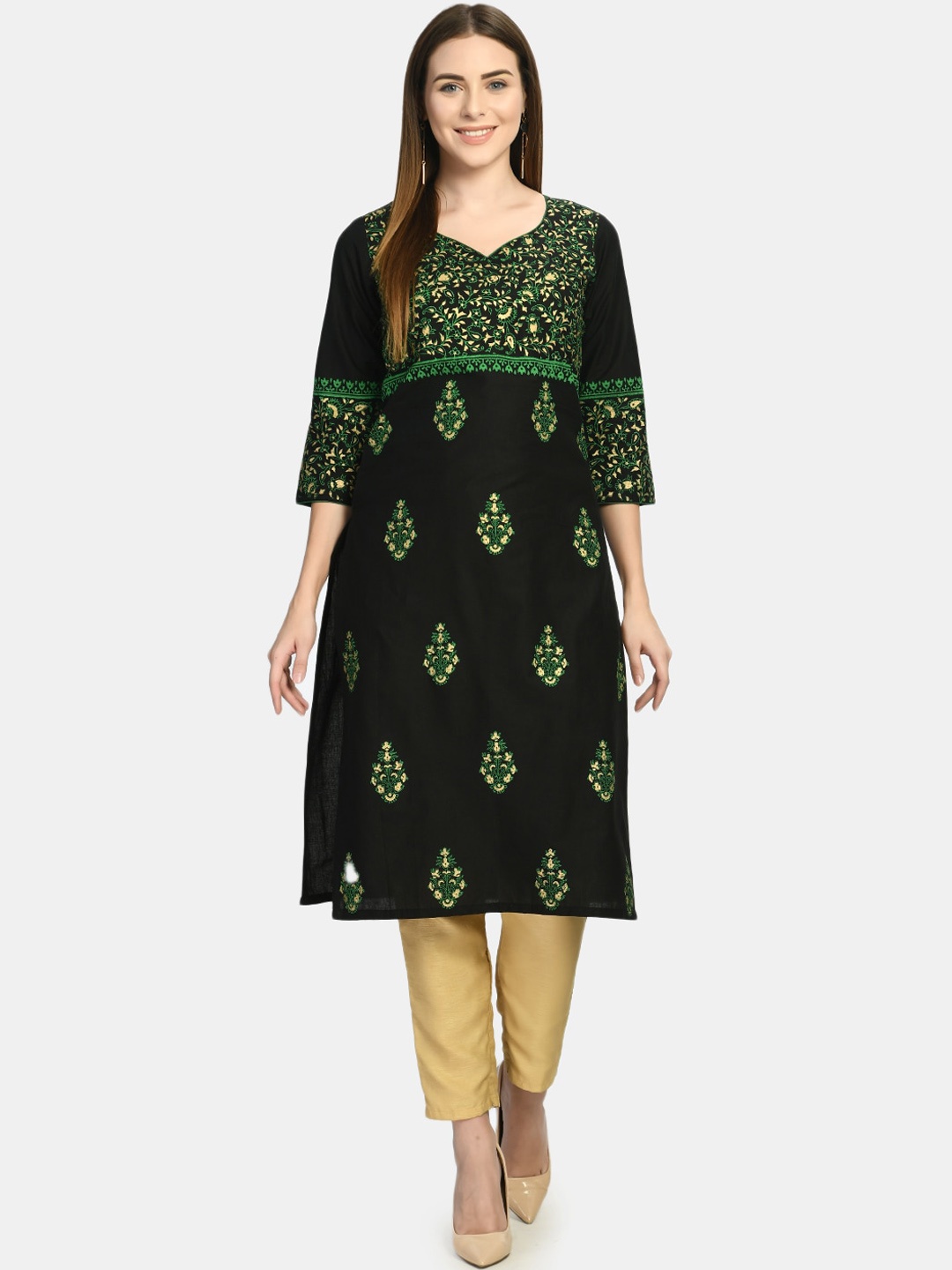 

Akshatani Women Black Ethnic Motifs Printed Block Print Kurta