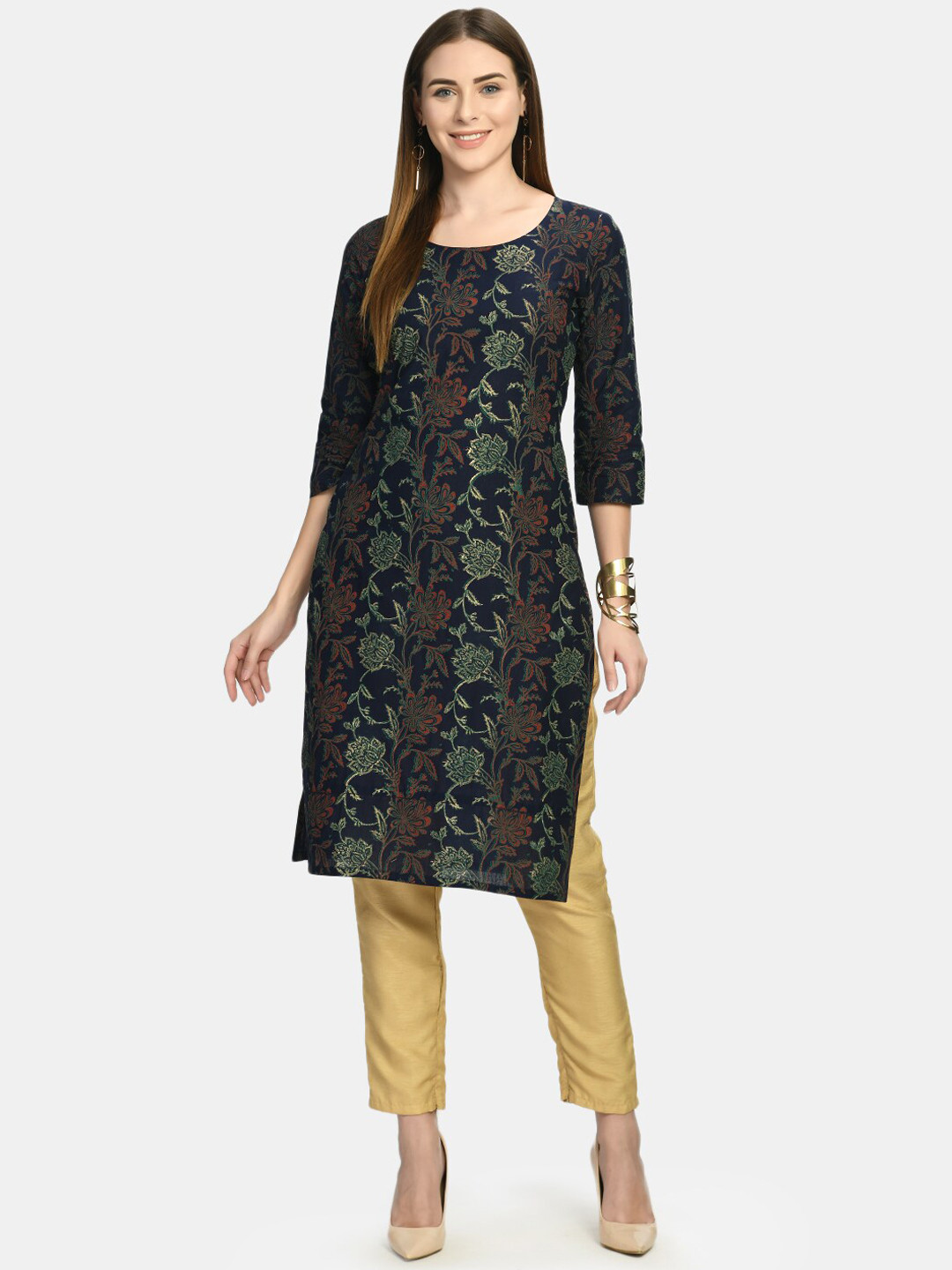 

Akshatani Women Blue & dark gunmetal Ethnic Motifs Printed Thread Work Block Print Kurta