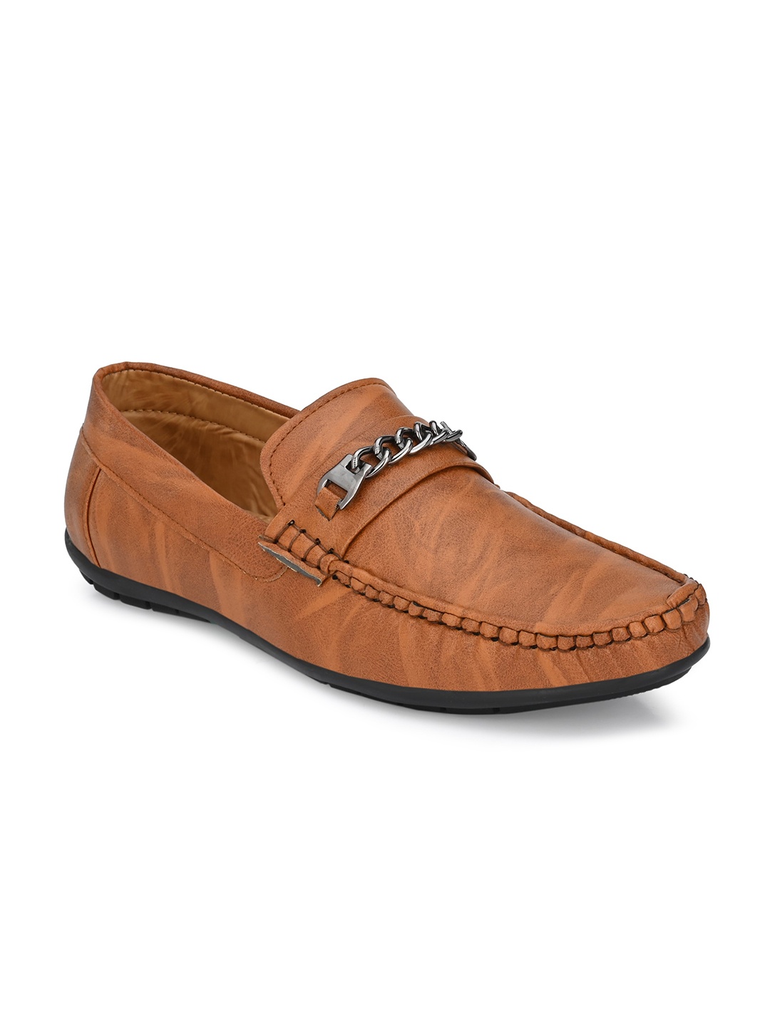 

Provogue Men Tan Self Design Loafers With Chain Detailing