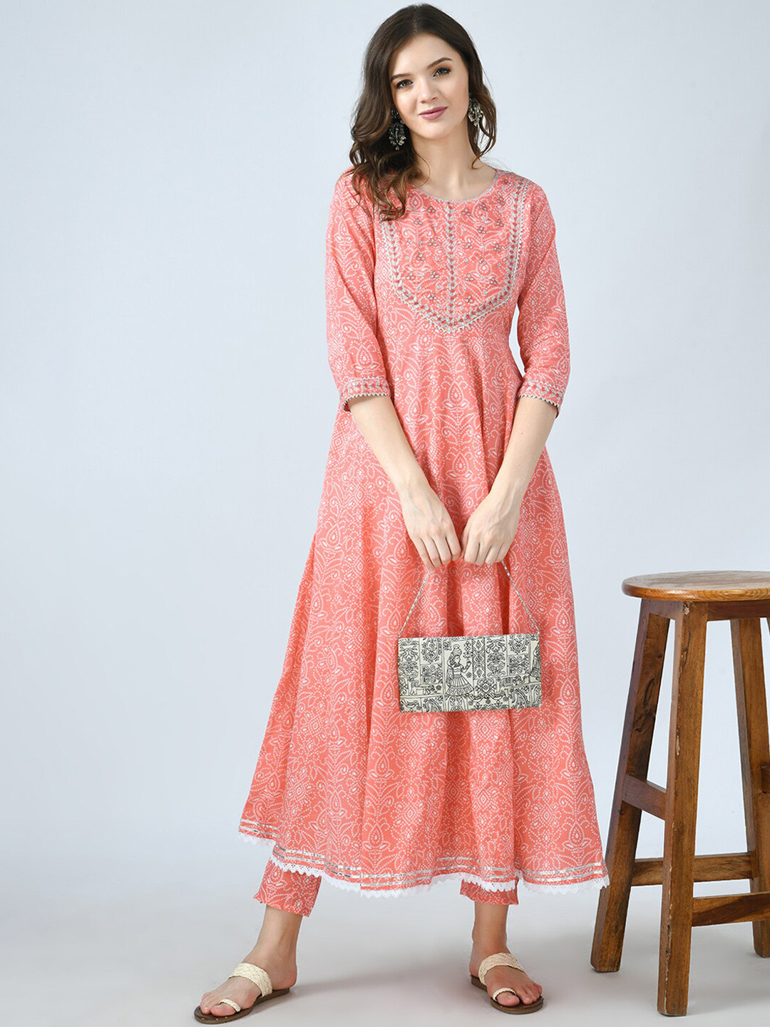 

MAFE Women Peach-Coloured Bandhani Printed Empire Anarkali Kurta with Trousers