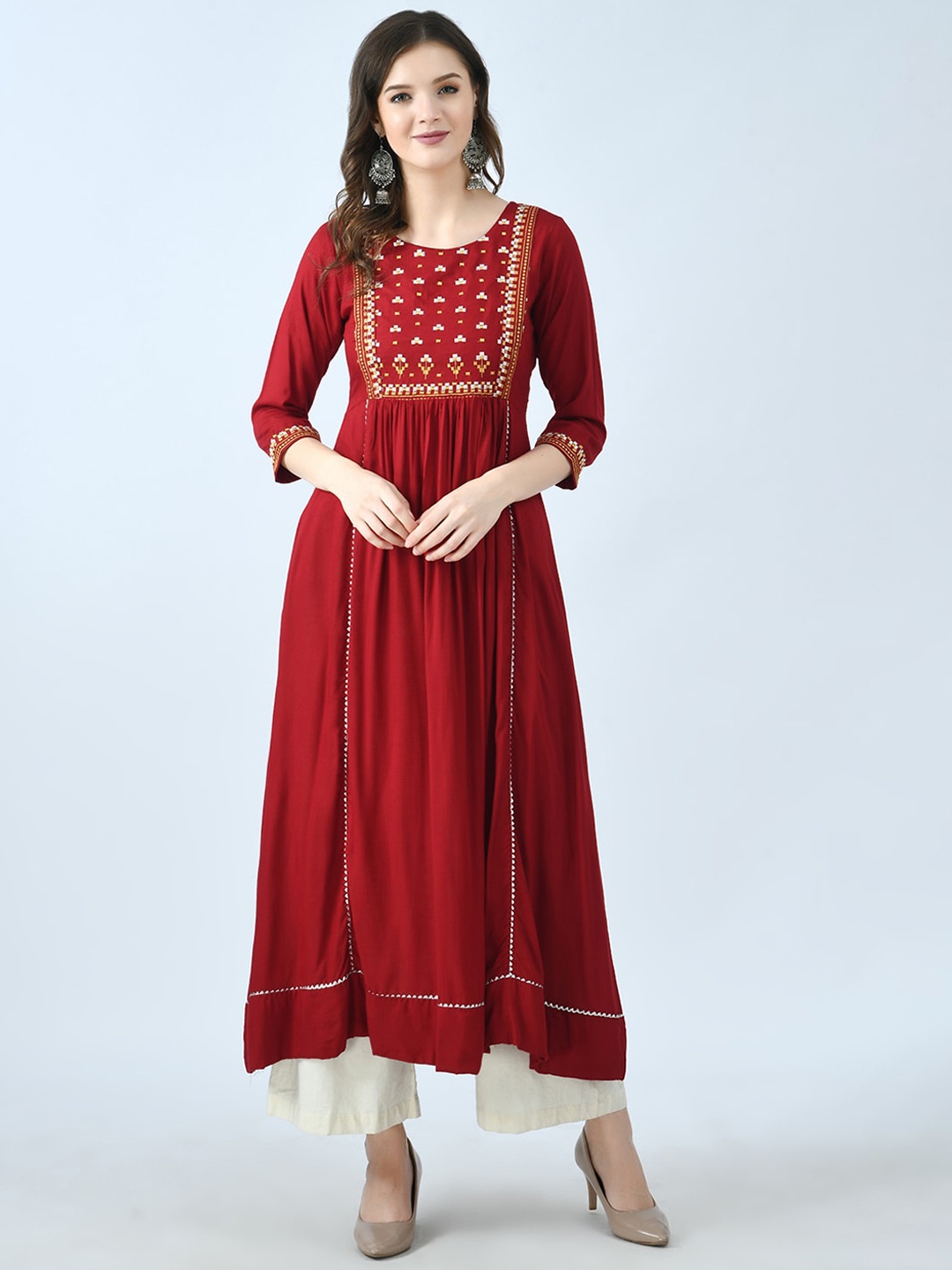 

MAFE Women Maroon Striped Gotta Patti Anarkali Kurta