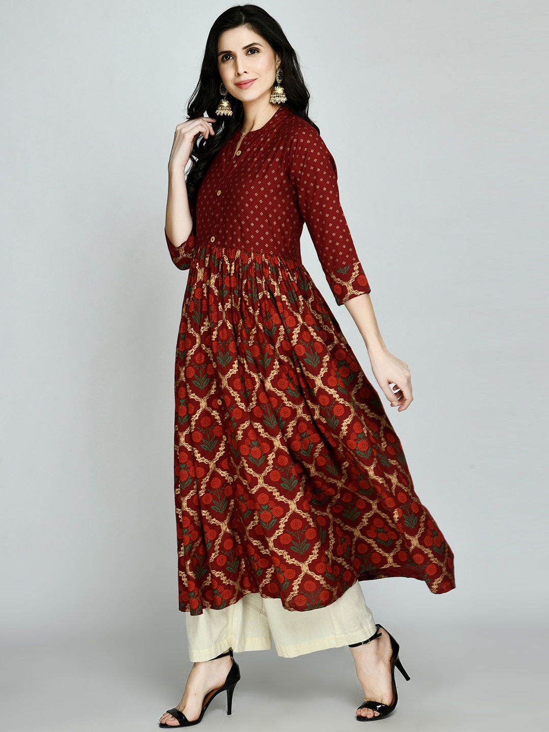 

MAFE Women Maroon Floral Printed Anarkali Kurta