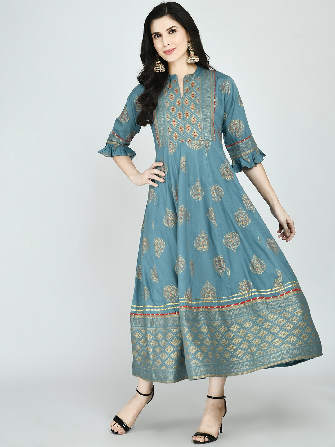 

MAFE Women Turquoise Blue & Gold-Toned Ethnic Motifs Printed Keyhole Anarkali Kurta