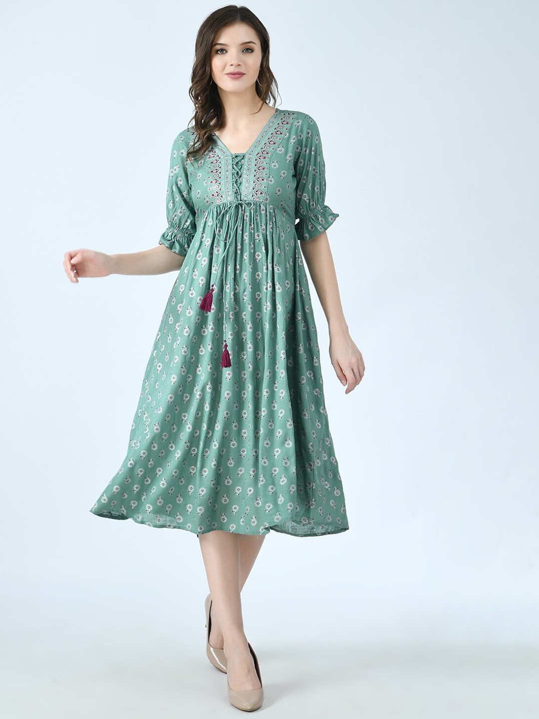 

MAFE Women Olive Green Geometric Checked Anarkali Kurta