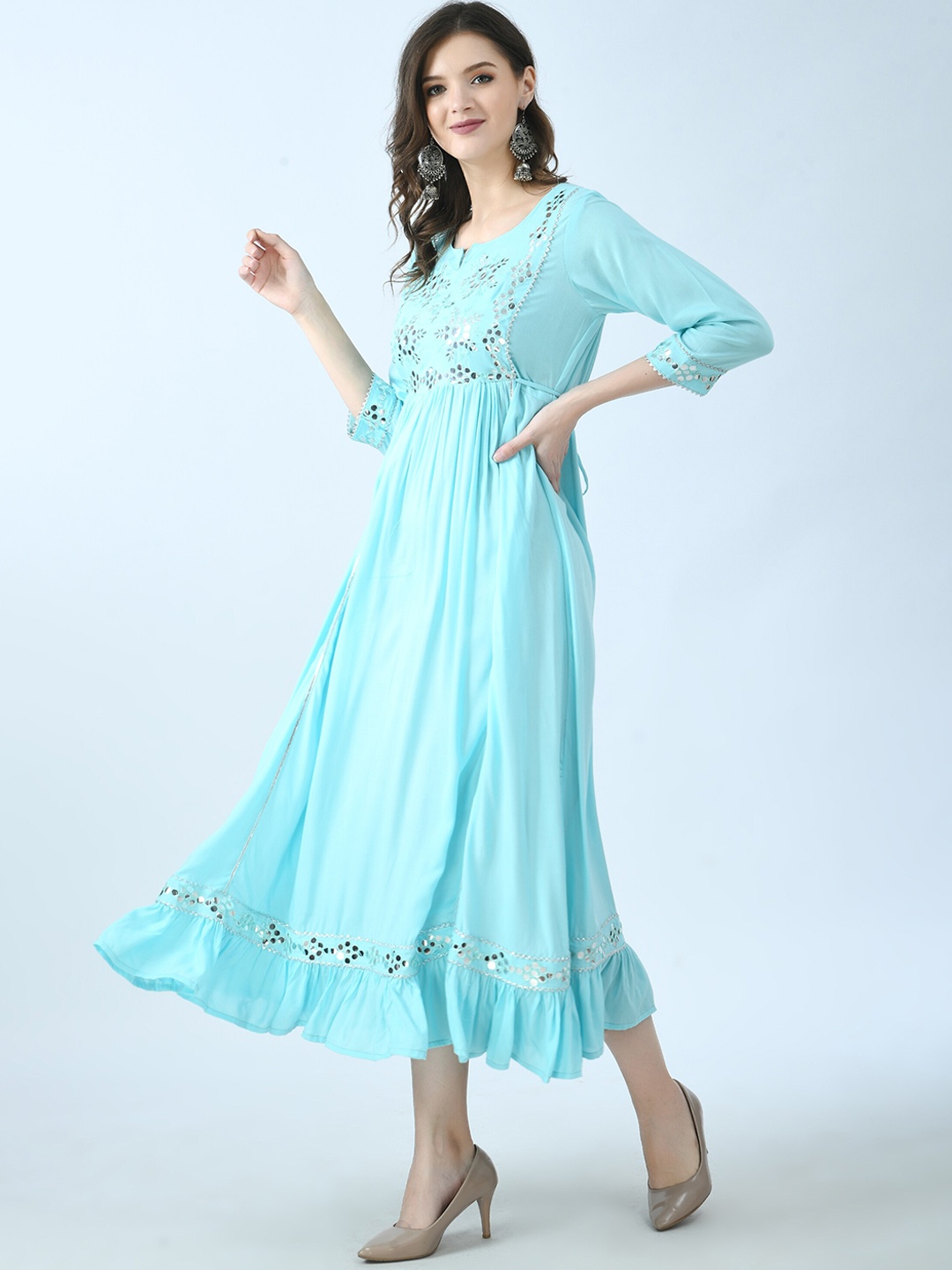 

MAFE Women Turquoise Blue Embroidered Thread Work Anarkali Kurta