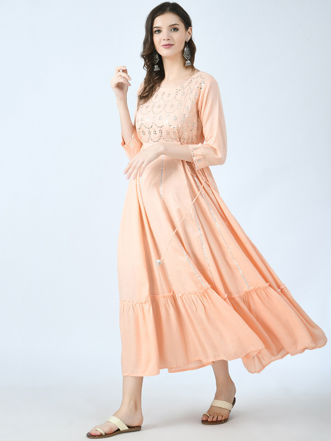 

MAFE Women Peach-Coloured Flared Thread Work Anarkali Kurta