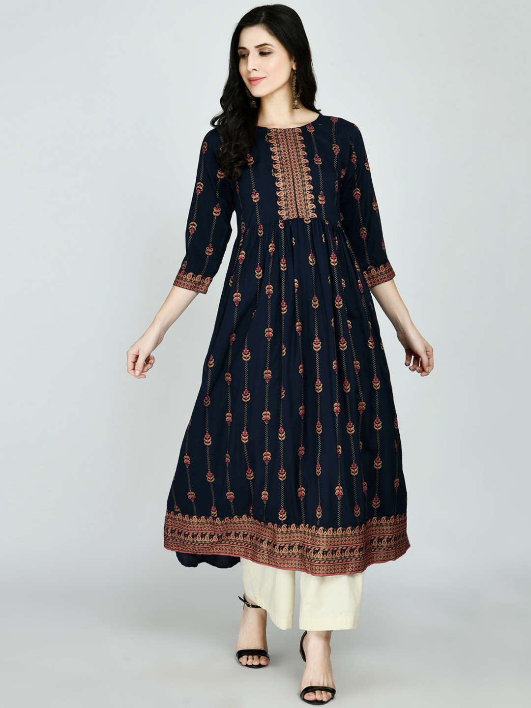 

MAFE Women Navy Blue & Gold-Toned Ethnic Motifs Printed Mirror Work Anarkali Kurta
