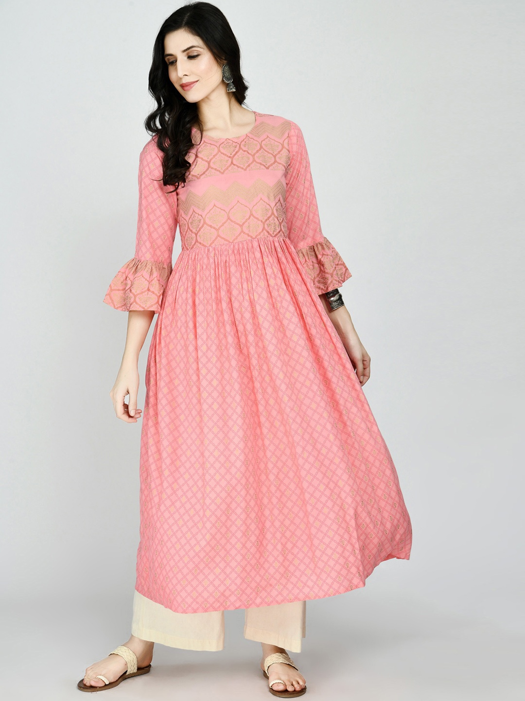 

MAFE Women Peach-Coloured Ethnic Motifs Bell Sleeves Anarkali Kurta