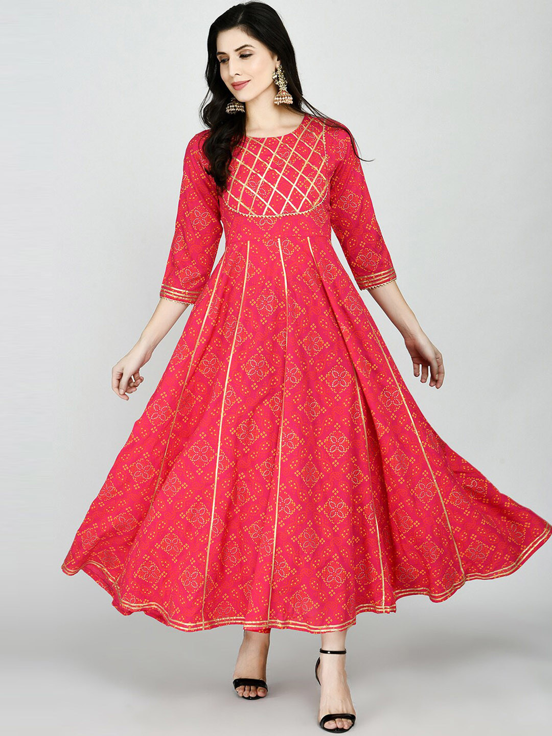 

MAFE Women Pink & Yellow Bandhani Printed Gotta Patti Anarkali Kurta