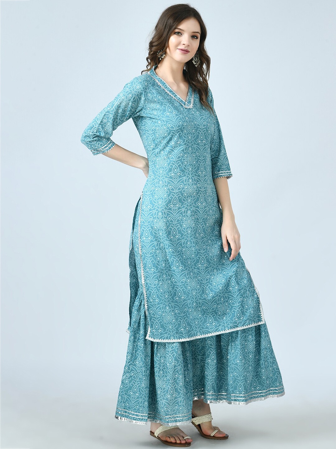 

MAFE Women Turquoise Blue Ethnic Motifs Printed Pure Cotton Kurta with Sharara