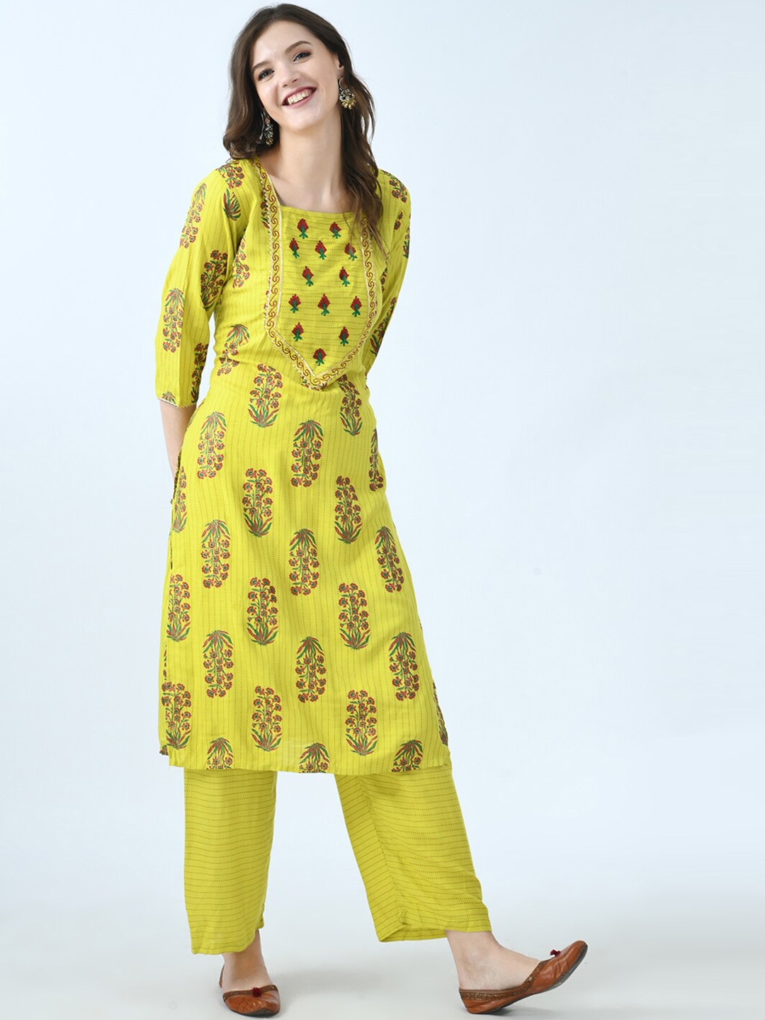 

MAFE Women Lime Green Floral Printed Empire Kurti with Palazzos