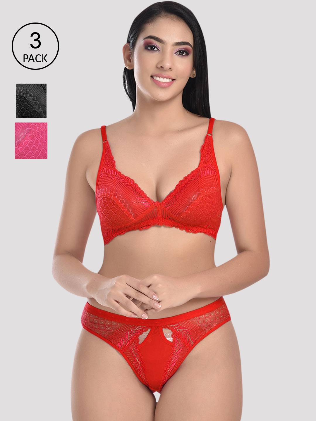 StyFun Women Pack of 3 Solid Lingerie Set S_Stone_Set_3_BlackRedPink_B, Black