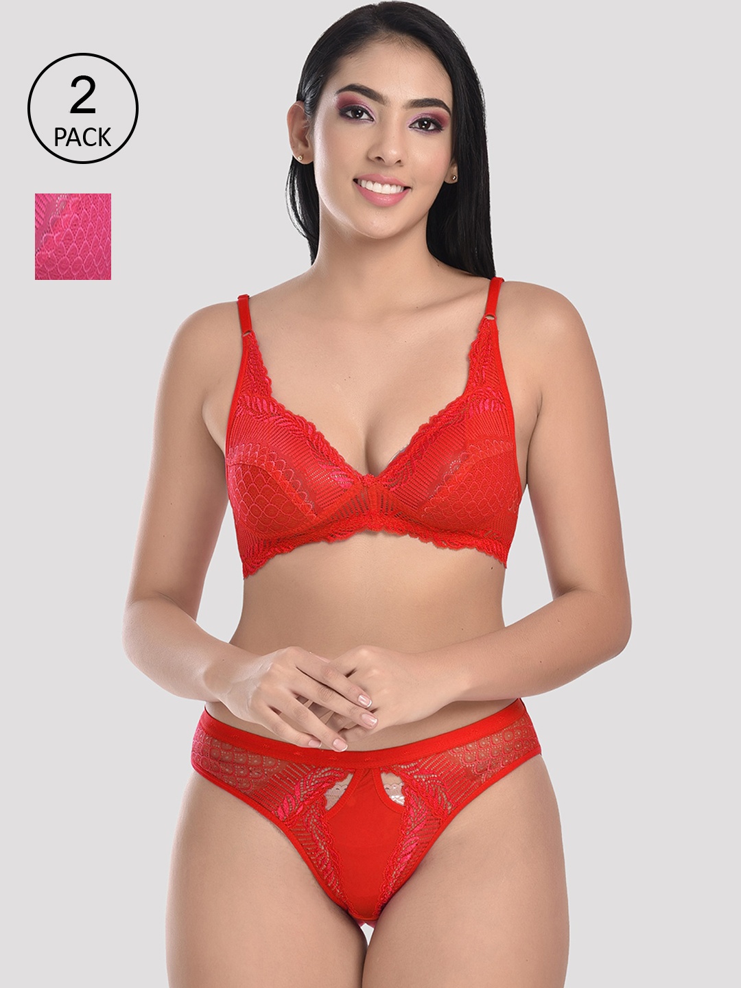 

StyFun Women Pack Of 2 Self Design Lingerie Set, Red