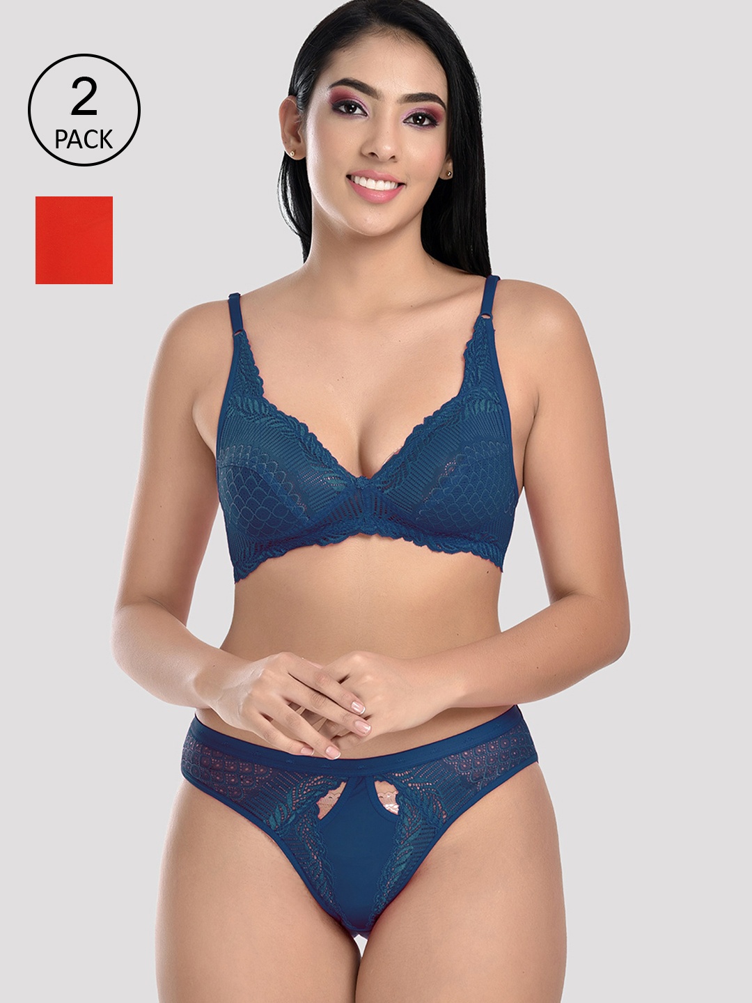 

StyFun Women Pack Of 2 Red & Blue Solid Lingerie Set