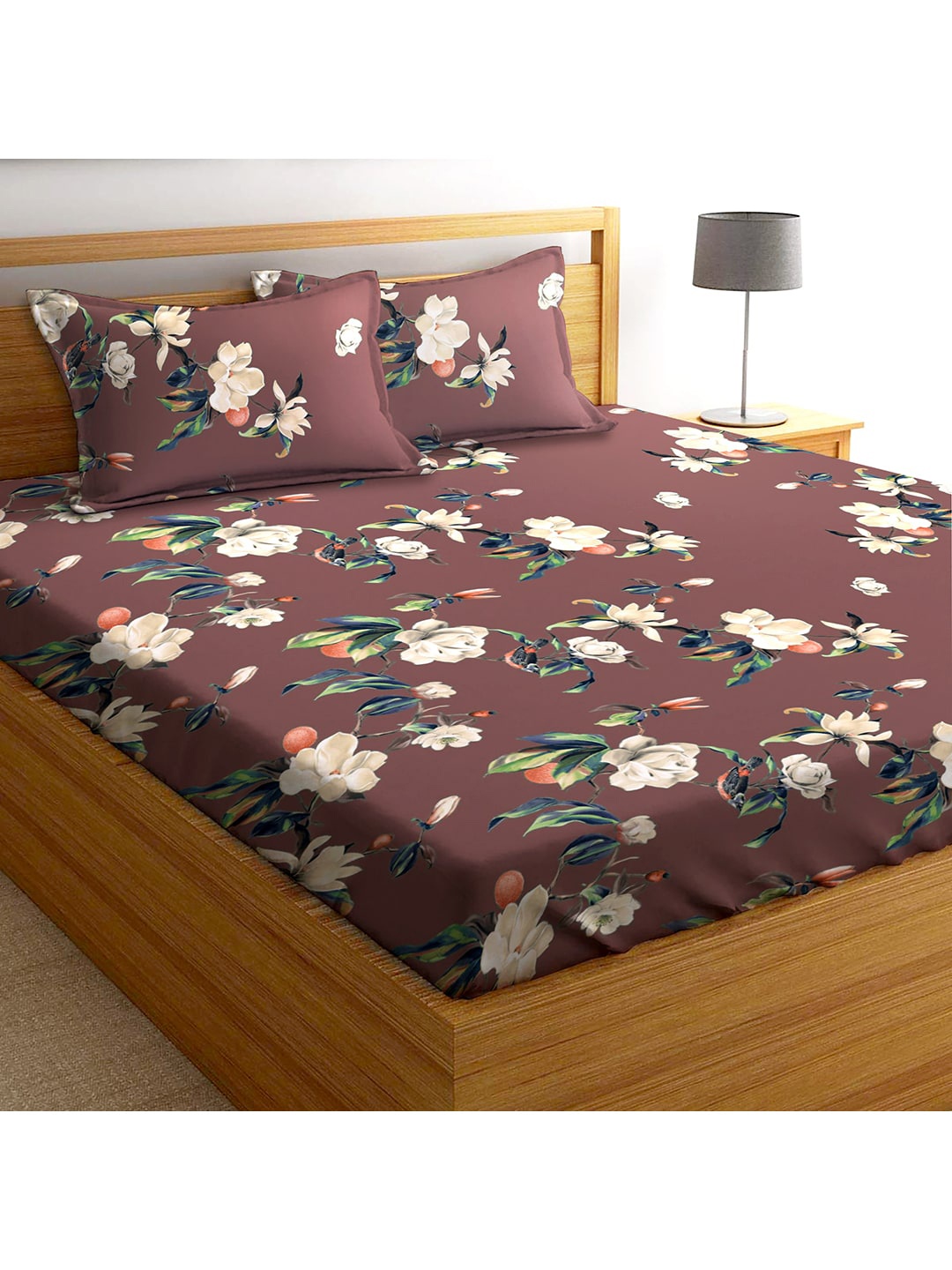 

AEROHAVEN Brown & White Floral 210 TC King Bedsheet with 2 Pillow Covers