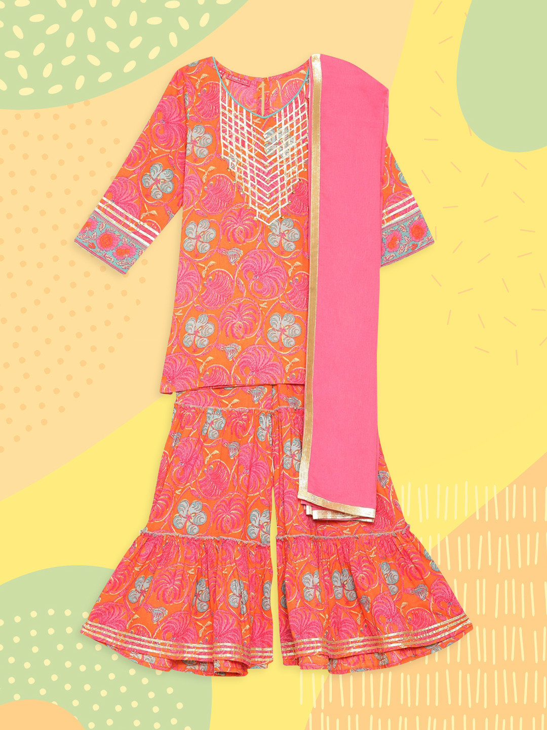 

Biba Girls Orange Ethnic Motifs Printed Kurti with Skirt & With Dupatta