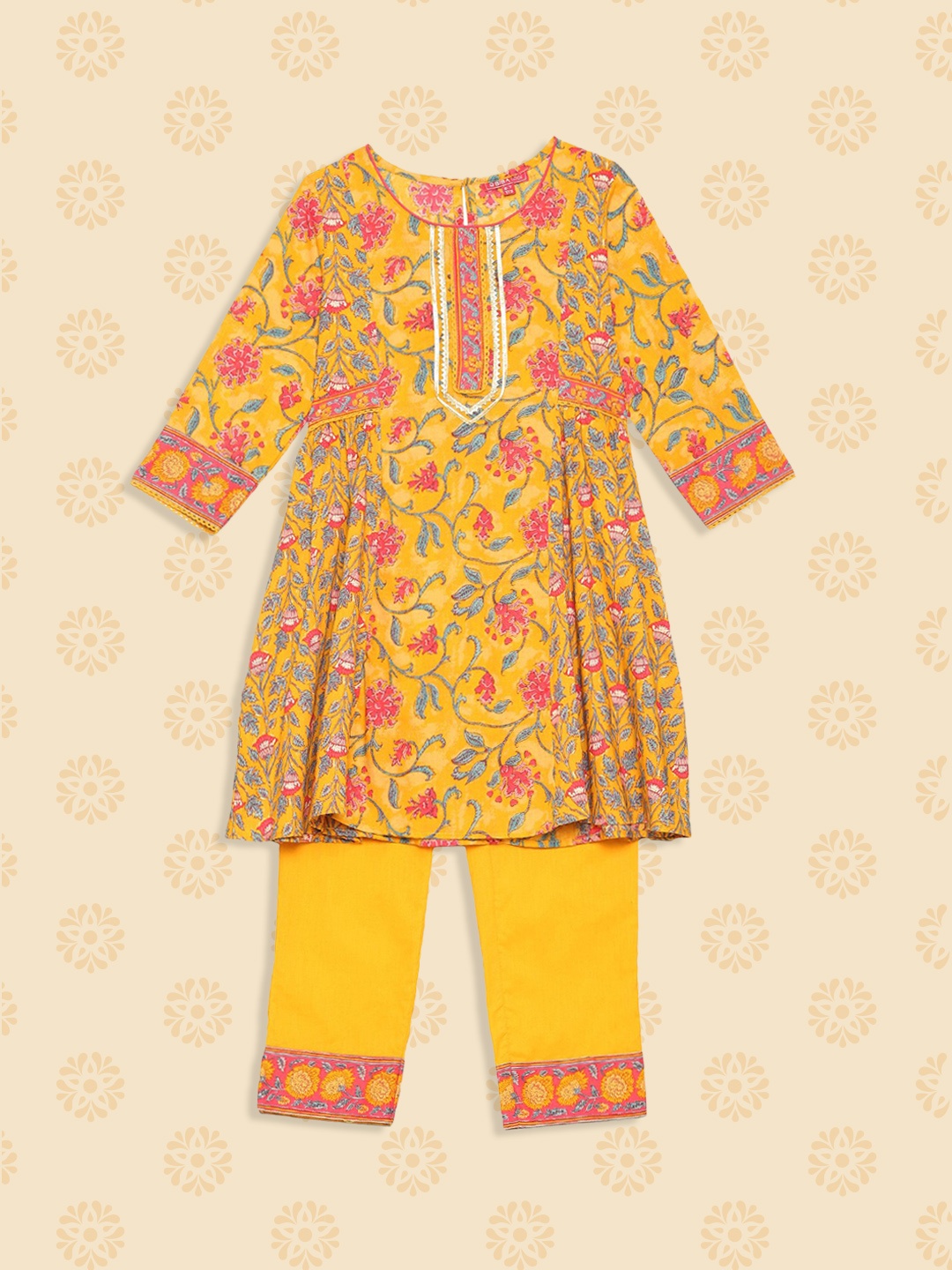 

Biba Girls Yellow Floral Printed Layered Kurta with Palazzos