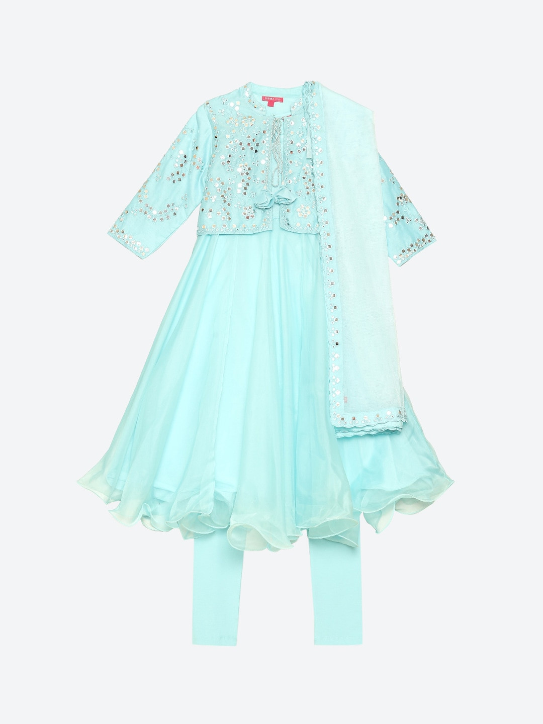 

Biba Girls Blue Embroidered Kurta with Churidar & Dupatta