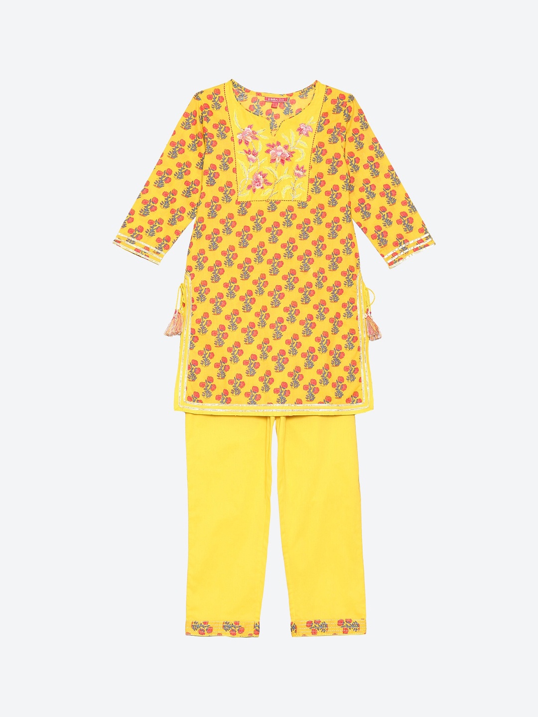 

Biba Girls Yellow Floral Printed Kurti with Trousers