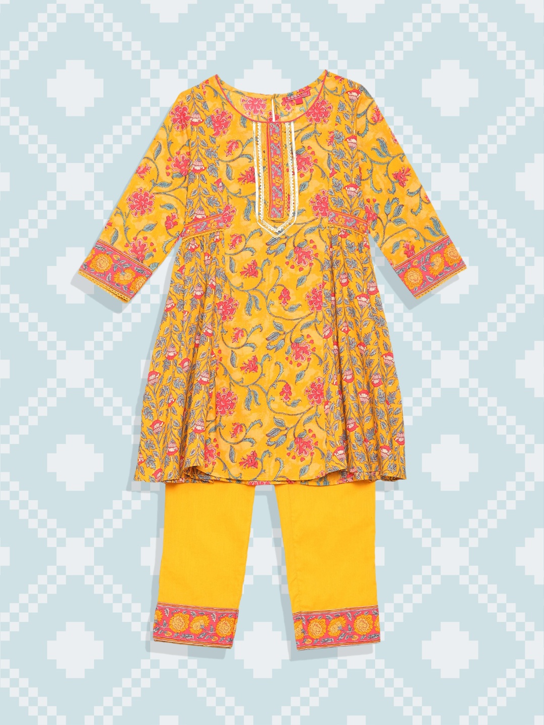 

Biba Girls Yellow Ethnic Motifs Printed Pleated Kurti with Trousers