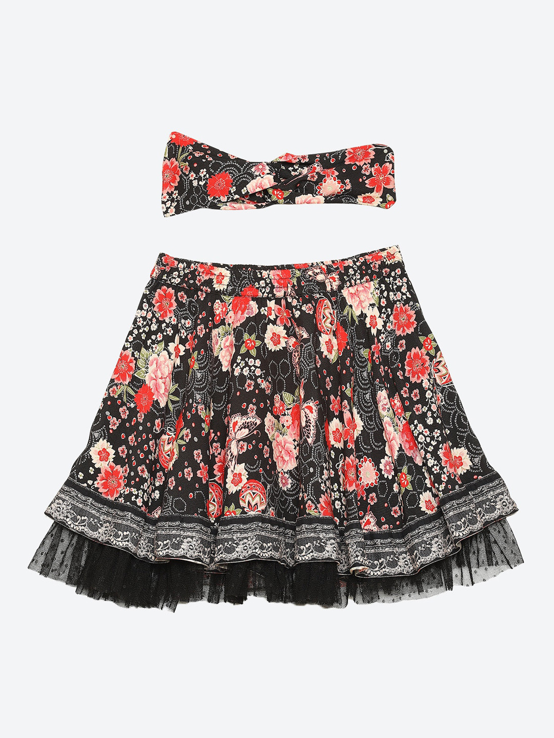 

Biba Girls Black & Red Floral Printed Knee Length Flared Skirts with matching hair band