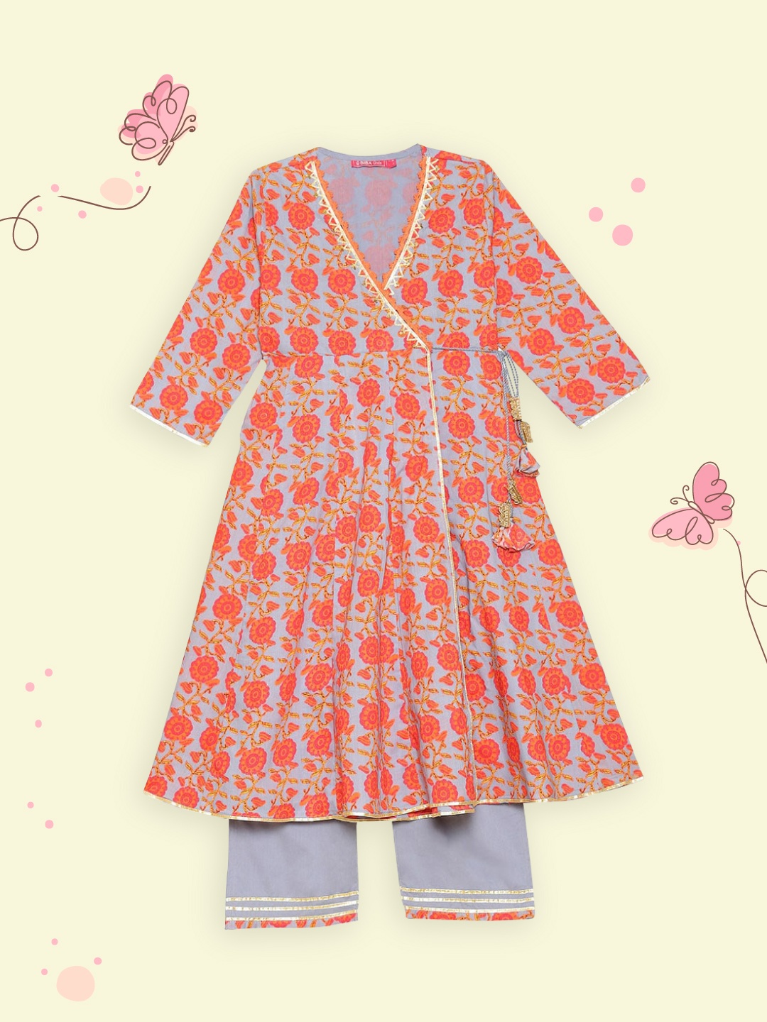 

Biba Girls Blue Floral Printed Angrakha Kurti with Pyjamas
