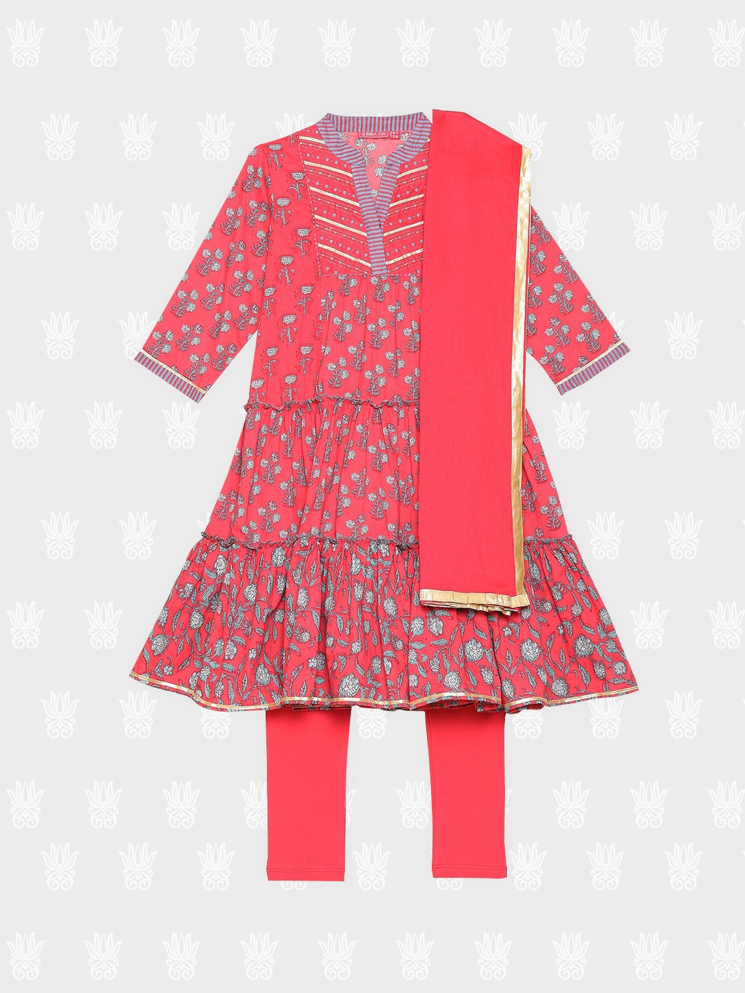 

Biba Girls Pink Floral Printed Tiered Kurta with Churidar & With Dupatta