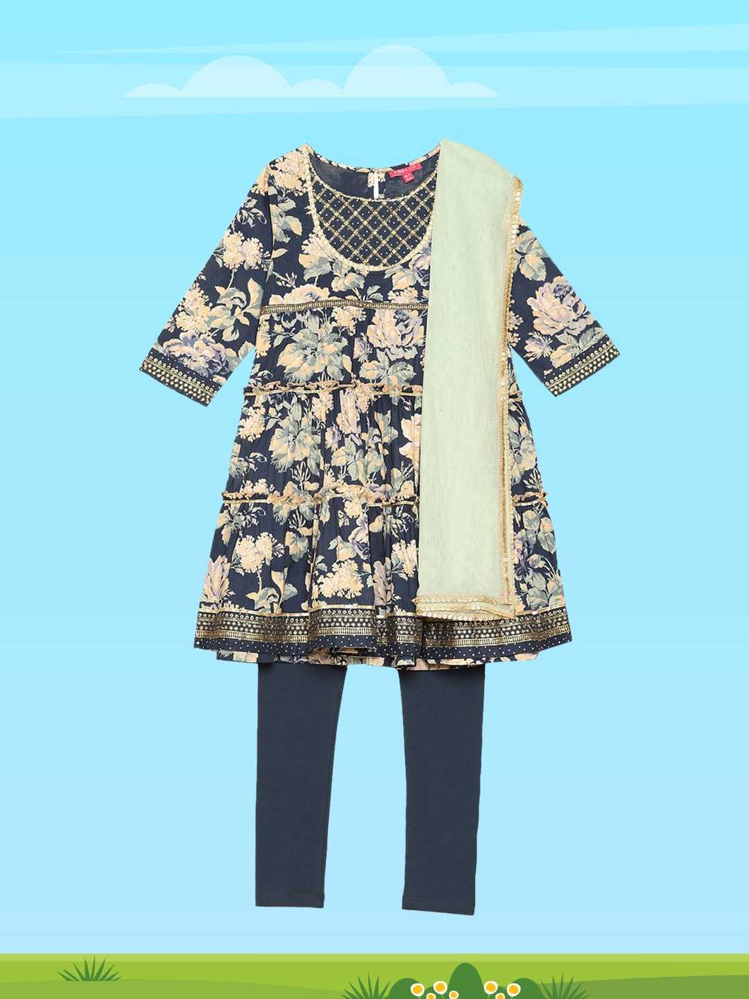 

Biba Girls Blue Floral Printed Kurti with Churidar & With Dupatta