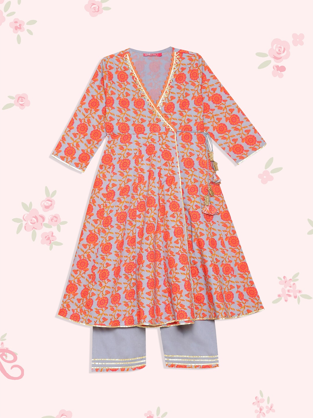 

Biba Girls Blue Floral Printed Angrakha Kurta with Pyjama