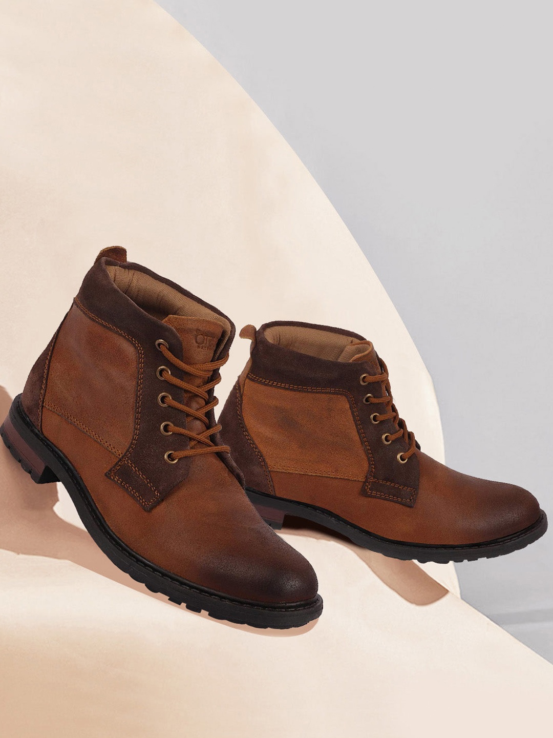 

FAUSTO Men Tan High Ankle Lace Up Leather Boots
