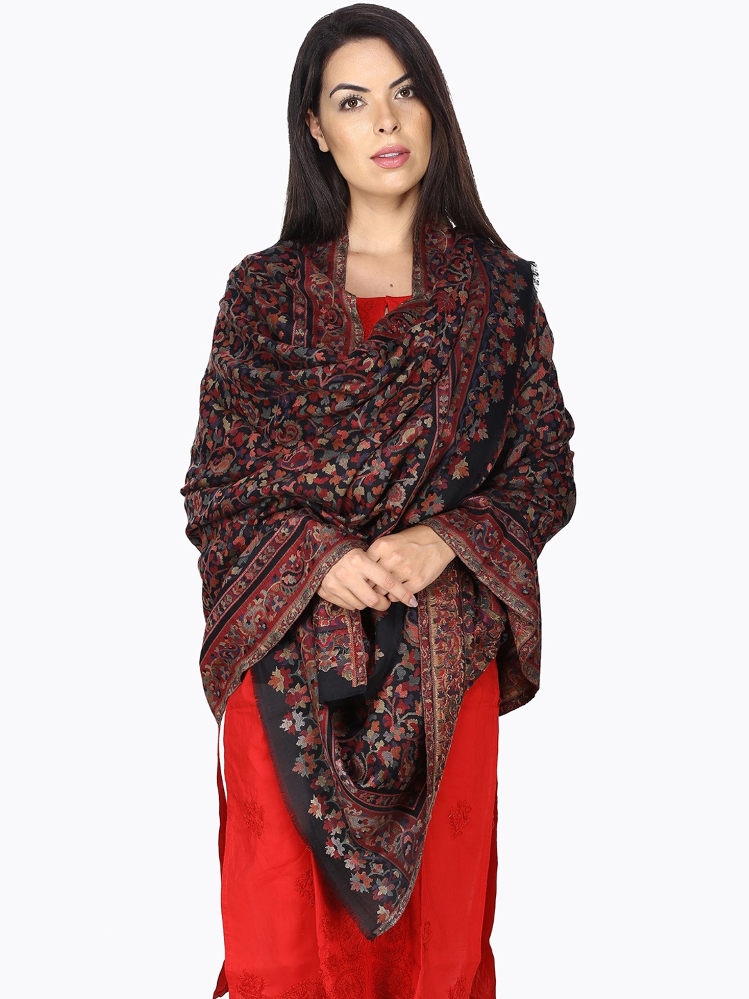 

La Vastraa Women Black Woven-Design Woolen Kani Shawl