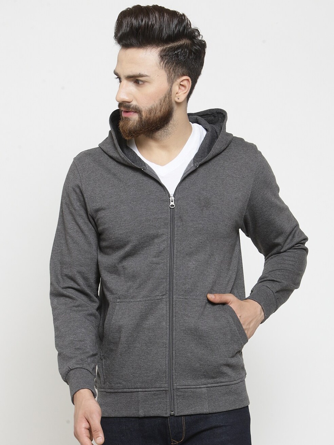 

Kalt Men Grey Melange Zipper Hooded Sweatshirt