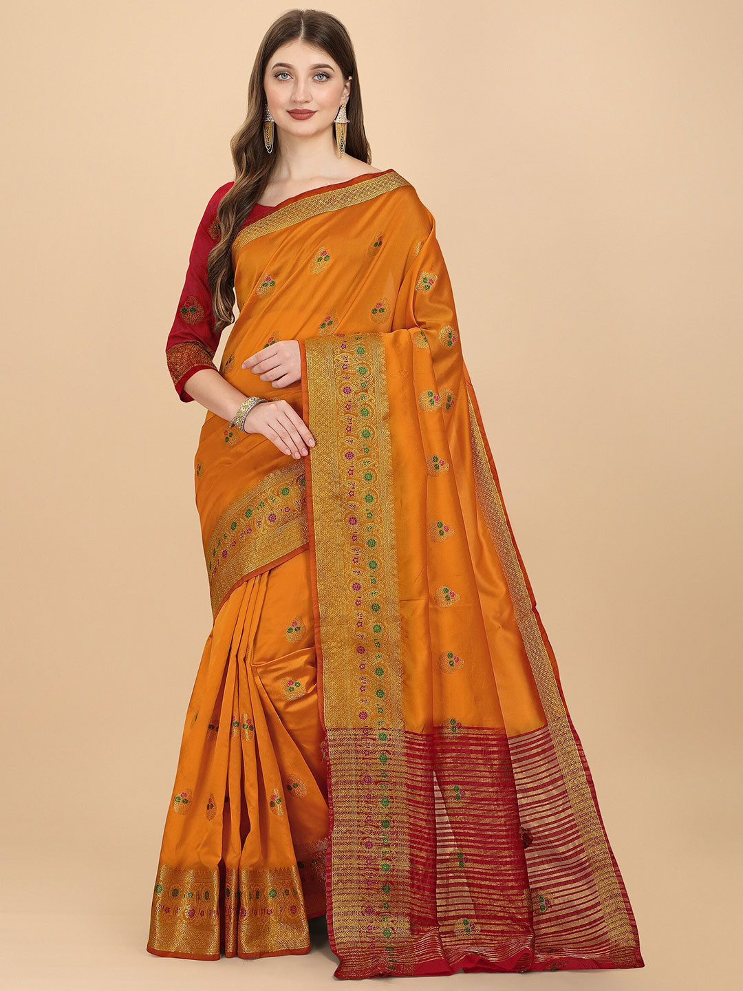 

Fashion Booms Gold-Toned & Maroon Woven Design Zari Silk Cotton Kanjeevaram Saree
