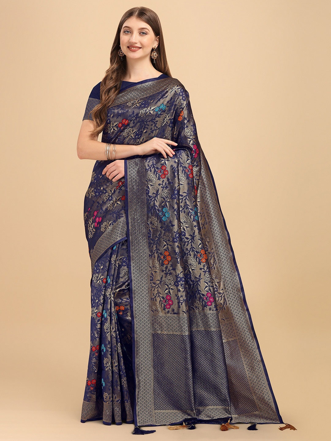 

Fashion Booms Blue & Red Woven Design Zari Pure Silk Kanjeevaram Saree