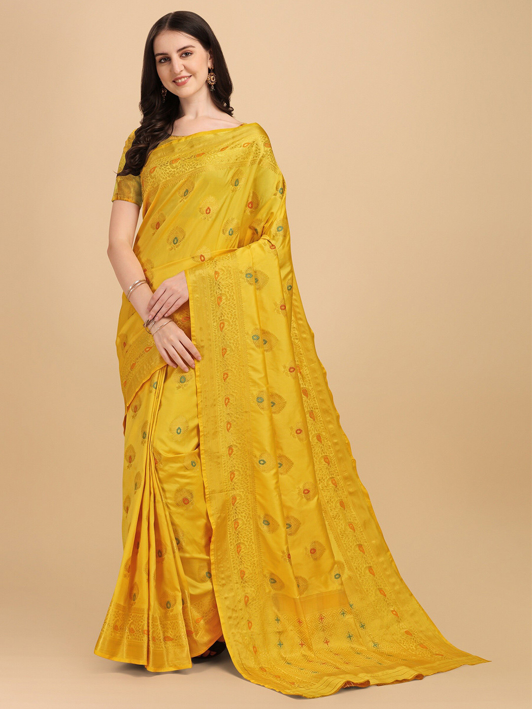 

Fashion Booms Yellow & Green Woven Design Zari Pure Silk Kanjeevaram Saree