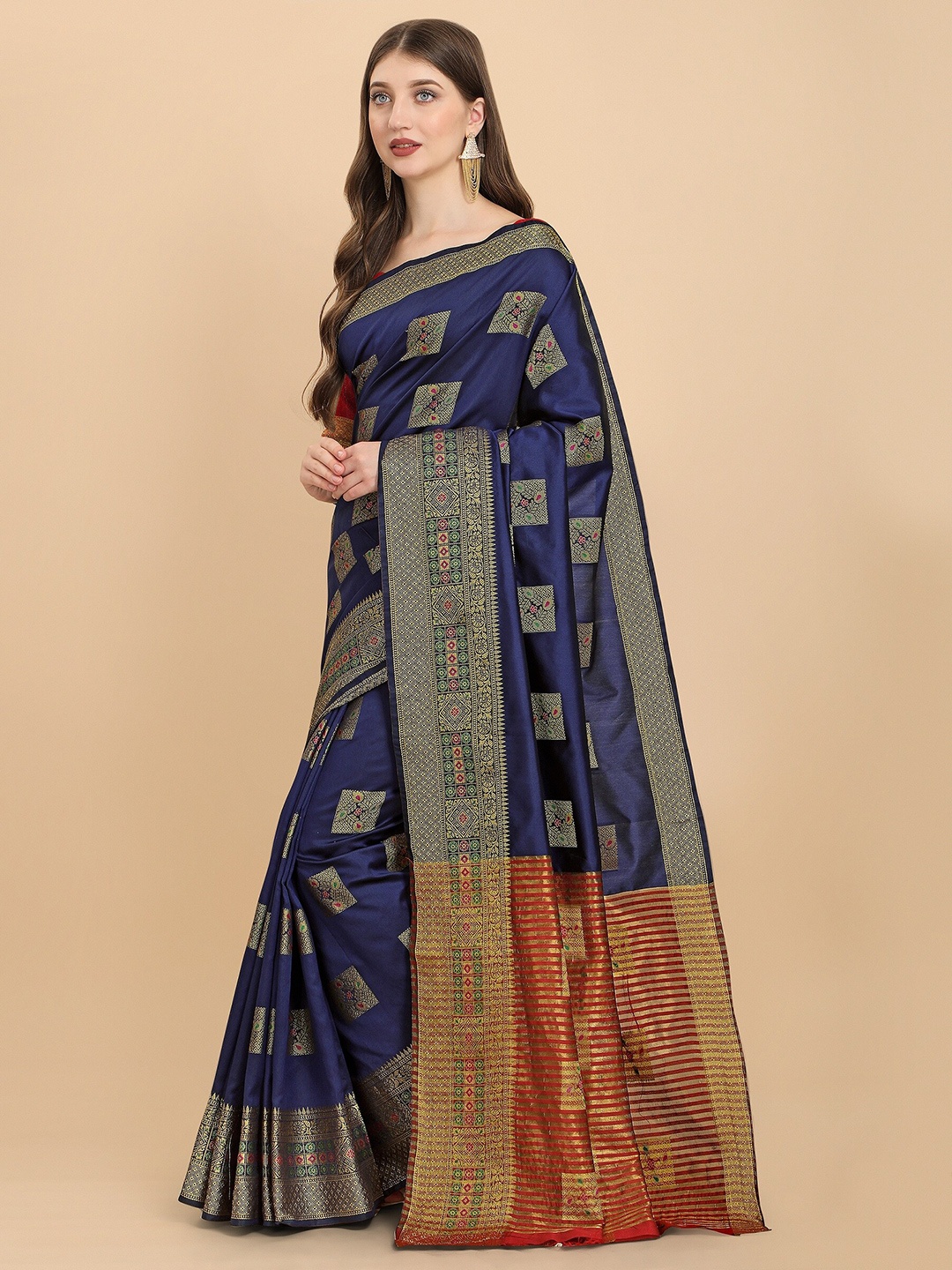 

Fashion Booms Navy Blue & Maroon Woven Design Zari Silk Cotton Banarasi Saree