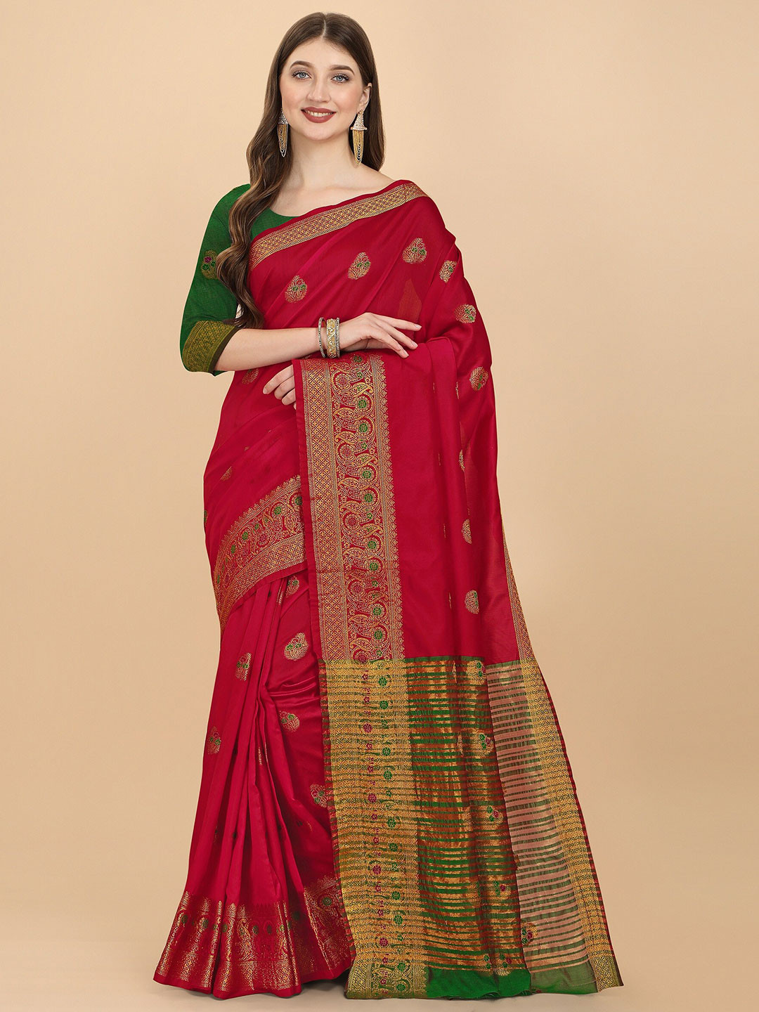 

Fashion Booms Red & Green Woven Design Zari Silk Cotton Banarasi Saree