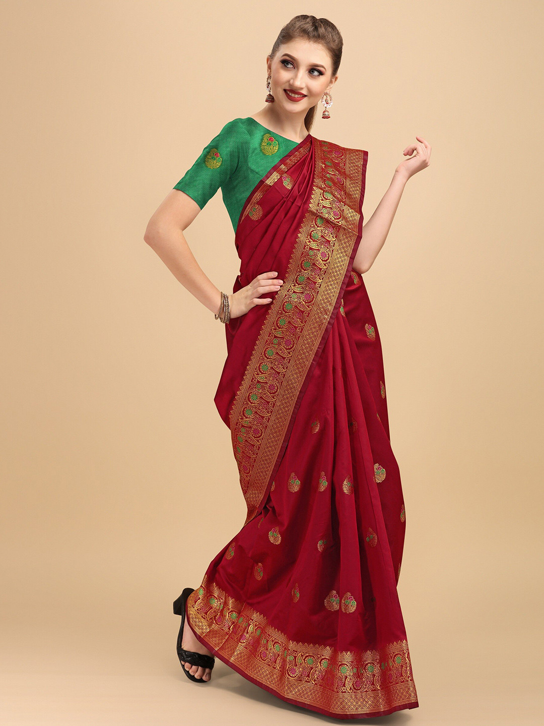 

Fashion Booms Maroon & Green Woven Design Zari Silk Cotton Kanjeevaram Saree
