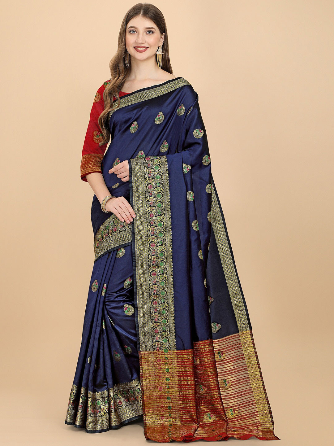 

Fashion Booms Navy Blue & Maroon Woven Design Zari Silk Cotton Kanjeevaram Saree