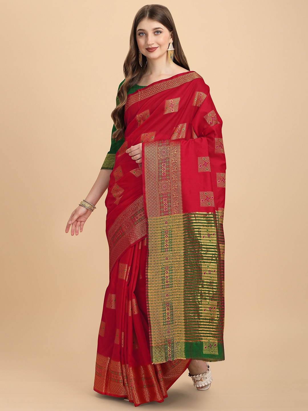

Fashion Booms Red & Green Woven Design Zari Silk Cotton Banarasi Saree