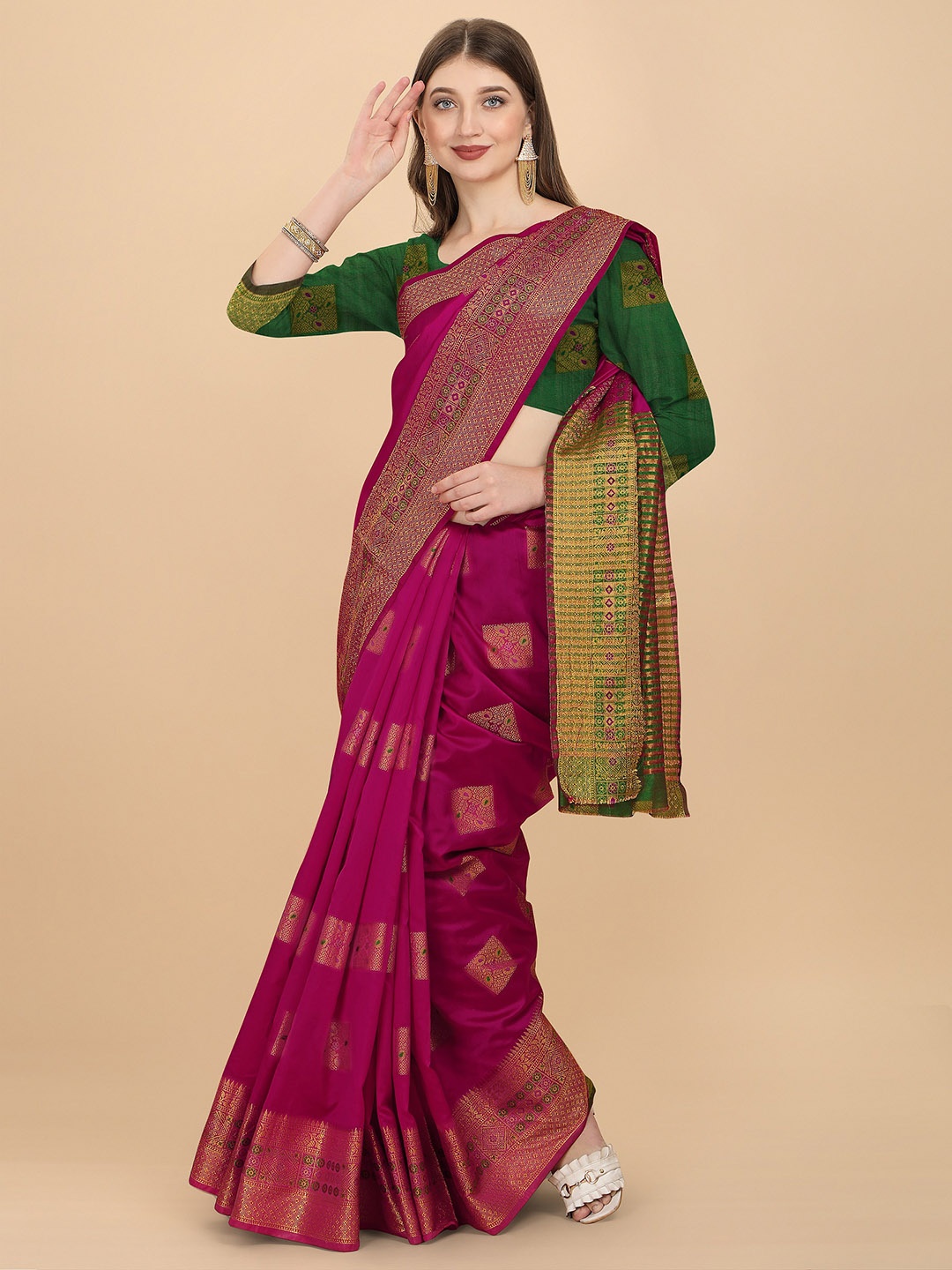 

Fashion Booms Pink & Green Woven Design Zari Silk Cotton Banarasi Saree