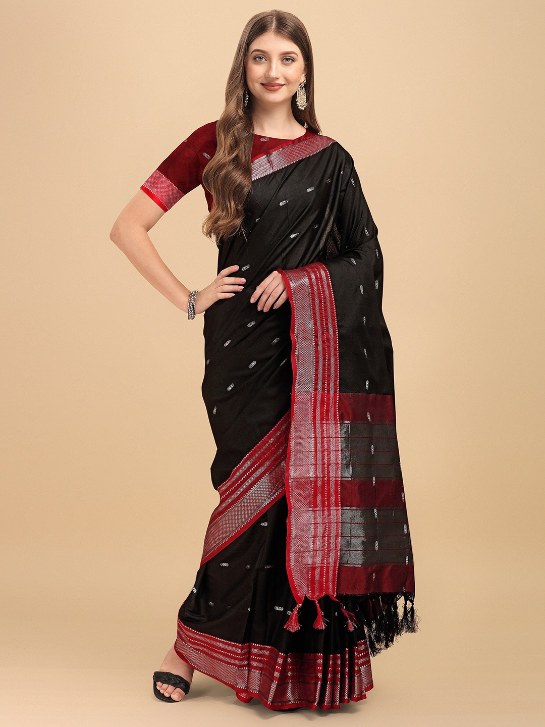 

Fashion Booms Black & Maroon Woven Design Zari Banarasi Silk Cotton Saree