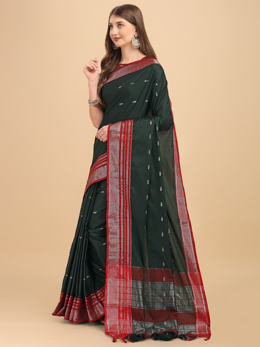 

Fashion Booms Green & Red Woven Design Zari Silk Cotton Banarasi Saree