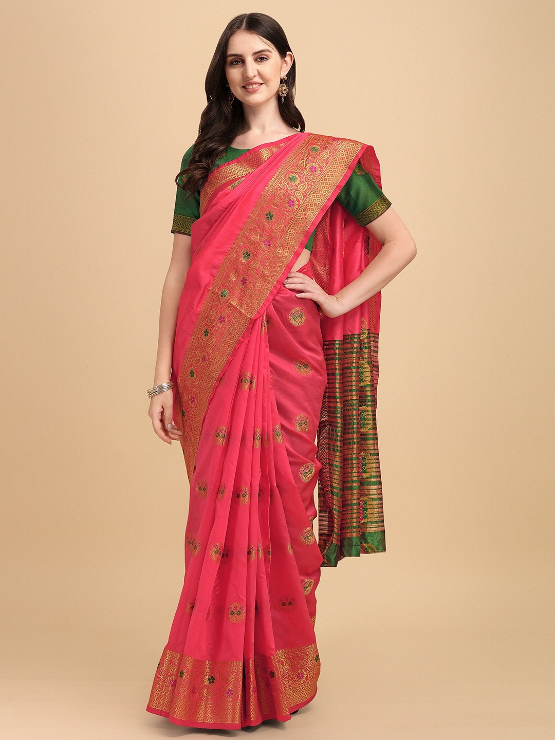 

Fashion Booms Peach-Coloured & Green Woven Design Zari Silk Cotton Saree