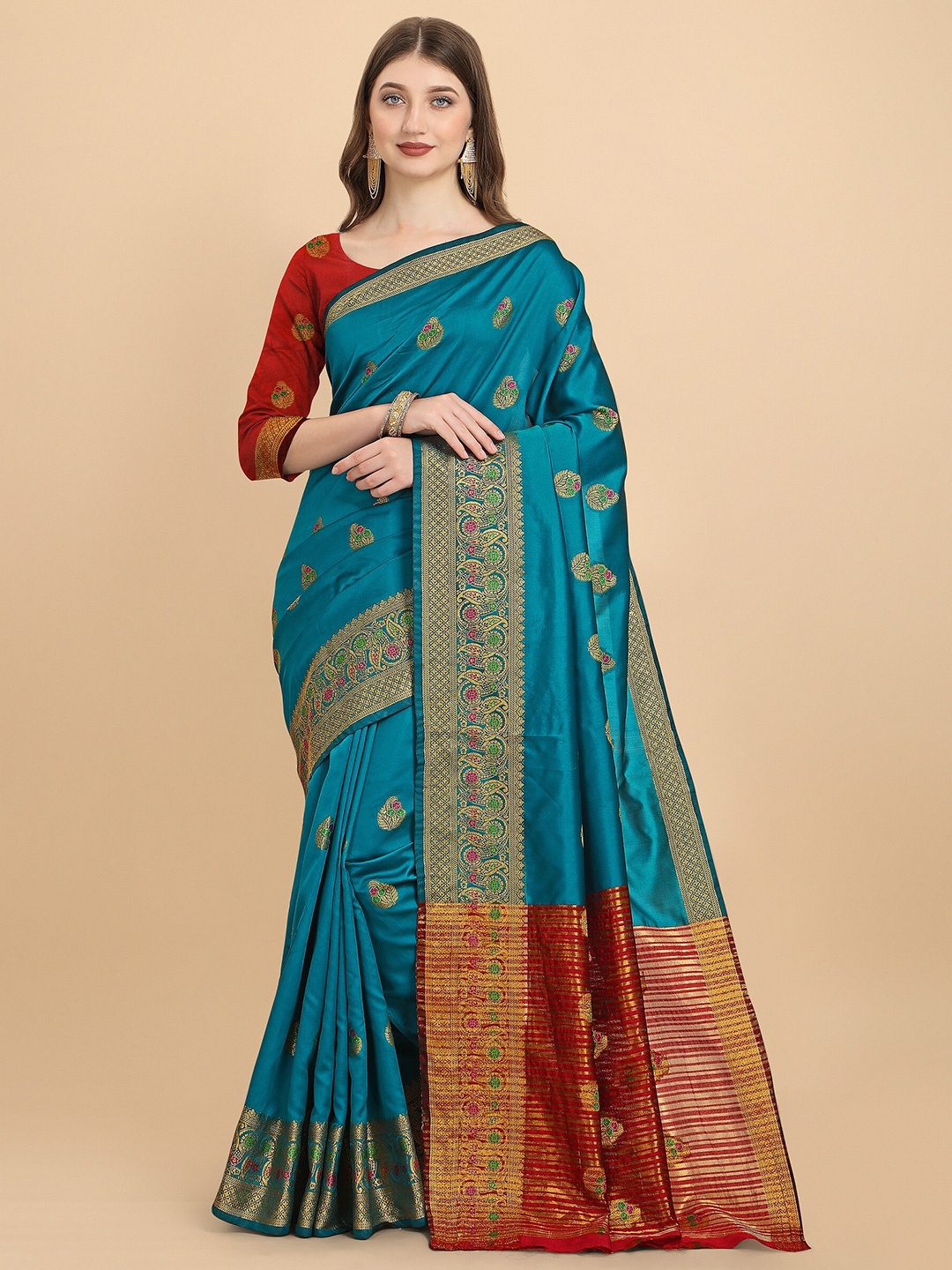 

Fashion Booms Teal & Maroon Ethnic Motifs Zari Silk Cotton Kanjeevaram Saree
