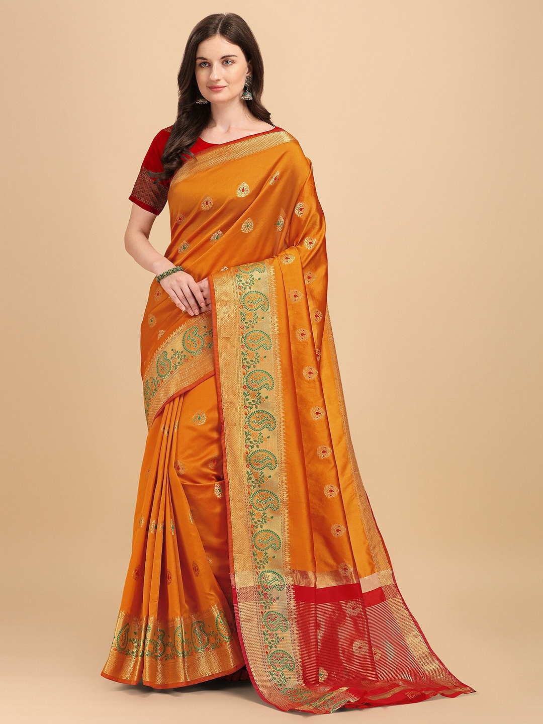 

Fashion Booms Orange & Red Ethnic Motifs Zari Silk Cotton Kanjeevaram Saree