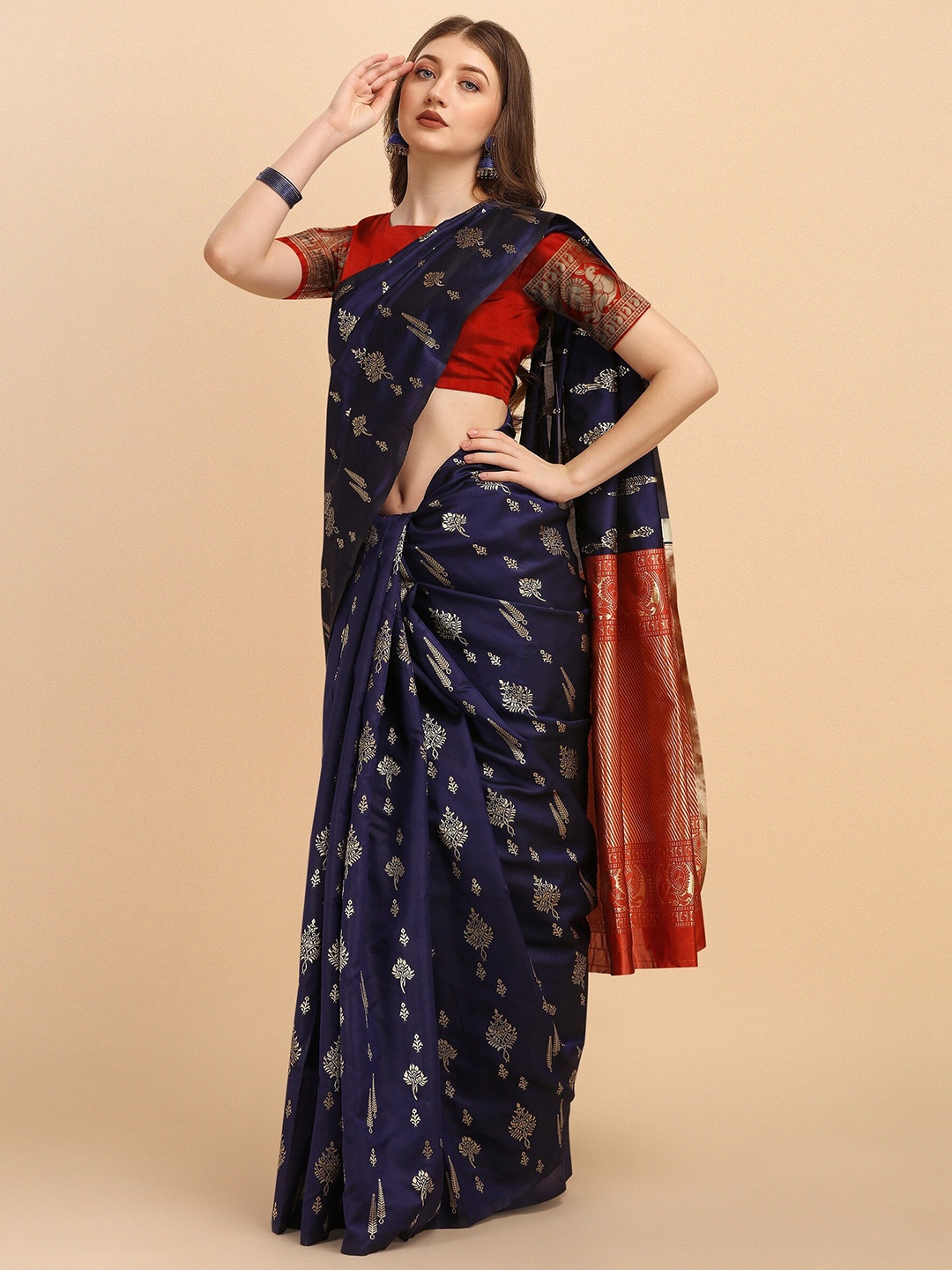 

Fashion Booms Women Blue & Red Woven Design Zari Pure Silk Kanjeevaram Saree
