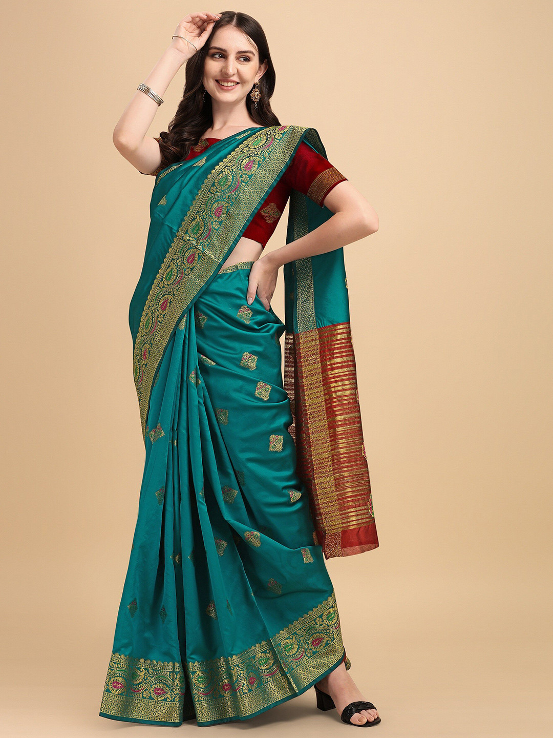

Fashion Booms Red & Maroon Woven Design Zari Pure Silk Kanjeevaram Saree