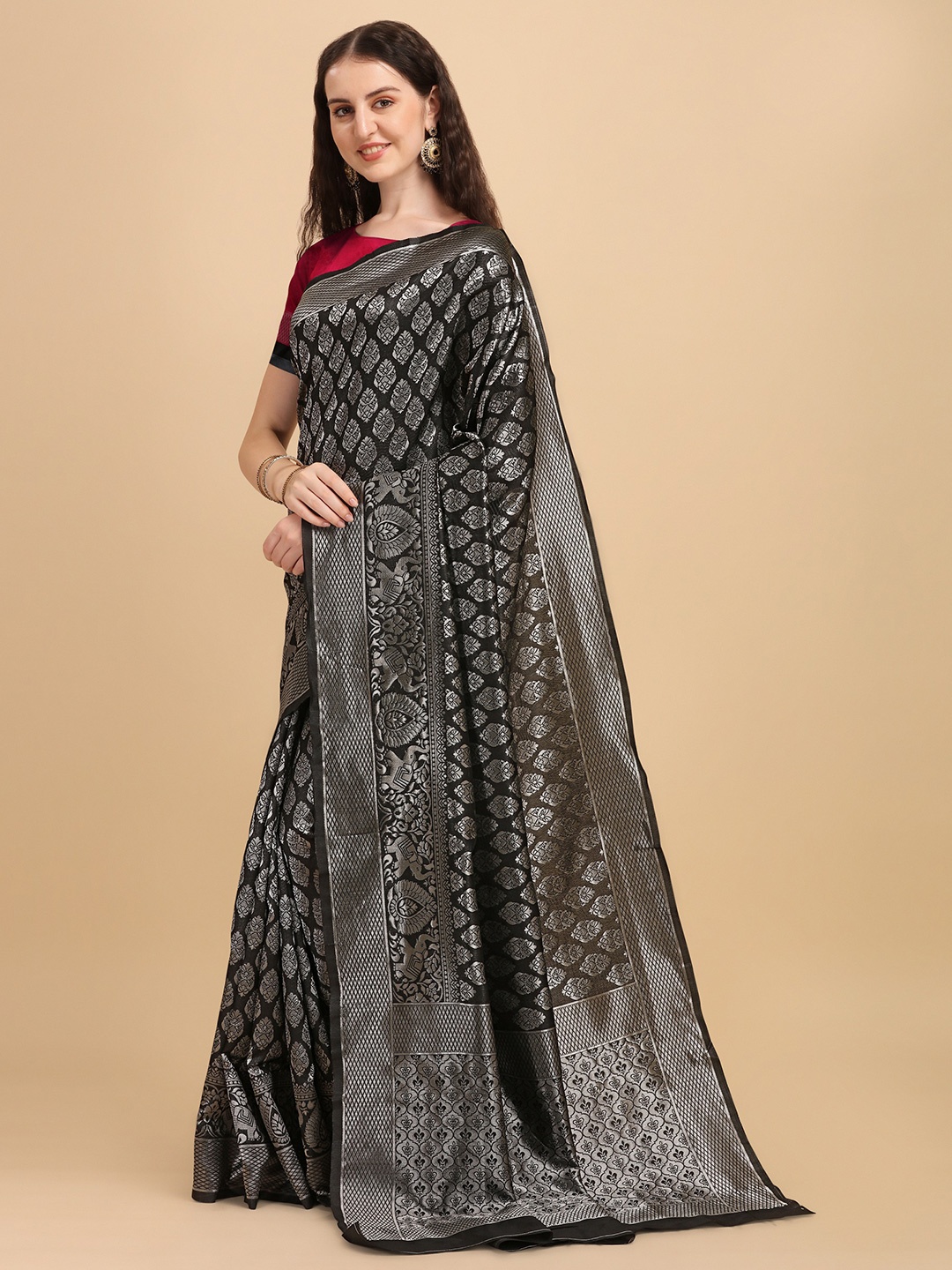 

Fashion Booms Black & Silver-Toned Ethnic Motifs Pure Silk Kanjeevaram Saree